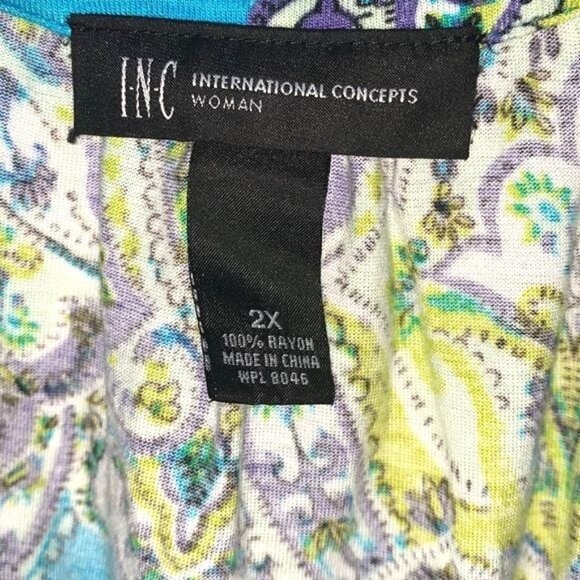 INC Blue & Green Paisley Sequin Neckline Sleeveless Top Womens 2X Rayon - Picture 2 of 6